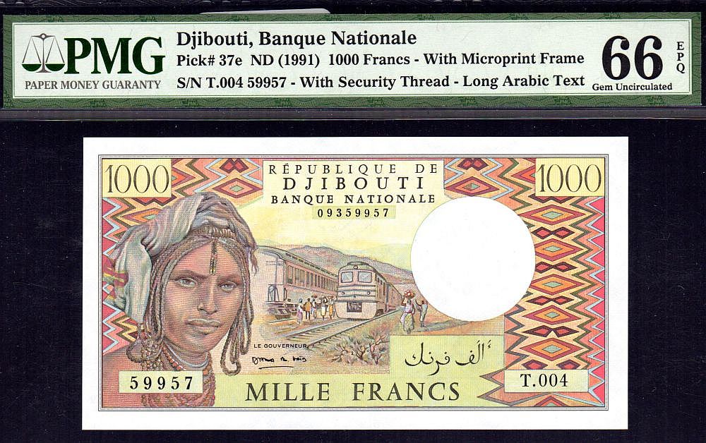 Djibouti, Pick 37e, [1991] 1000 Francs, GemCU, PMG-66 EPQ